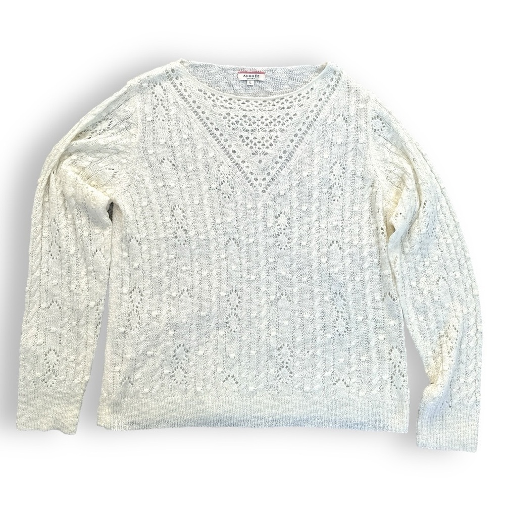 Cream Soft Sheer Cable Knit Sweater - Picture 5 of 14